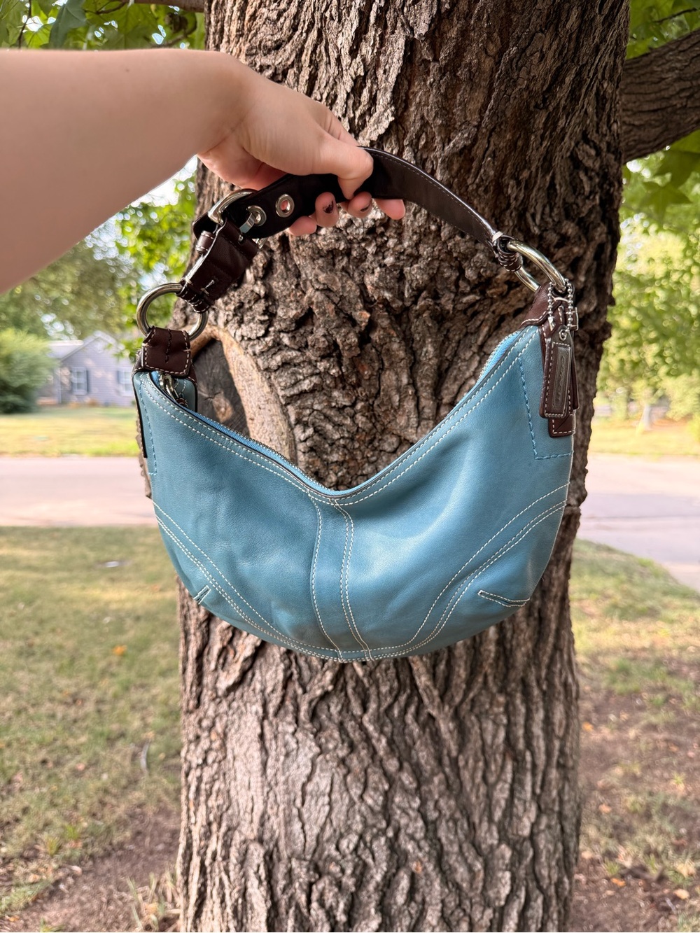 Coach Y2K Blue Leather Hobo Shoulder Bag with Dark Br… - Gem